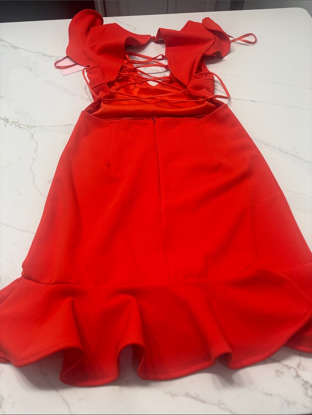 Hello Molly Red Lace-Up Backless Ruffle Hem Mini Dress - Picture 2 of 11